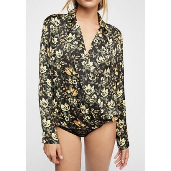 Free People Bodysuit Womens S Black Yellow Floral Intimately Elsa Wrap Plunging - Picture 3 of 16